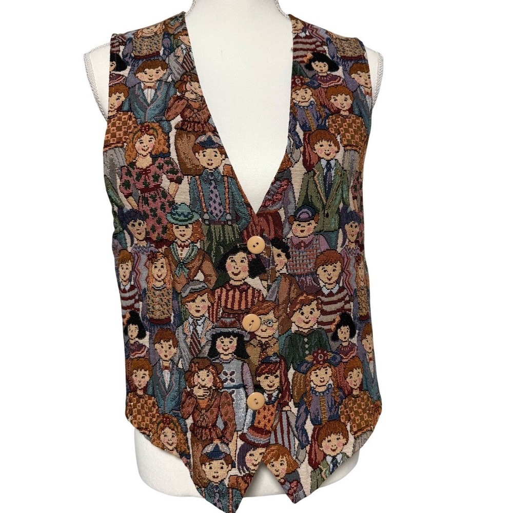 Vintage 90s Facets Children of the World Tapestry Women Vest Medium Teacher work